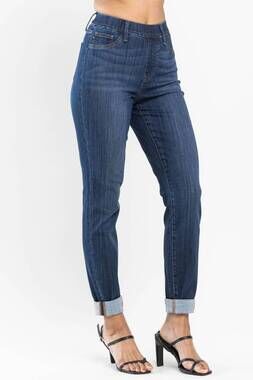 NEW JUDY BLUE high waist pull on slim straight denim pants in blue